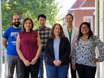 Group photo of ISCE PREP participants on the front porch of ISCE, including Shaddi Hasan, Ruichuan Zhang, Rachel Cheng, Rachelle Kuehl and Sweta Baniya.